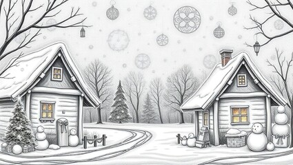 A drawing of a snowy landscape with two houses and snowmen