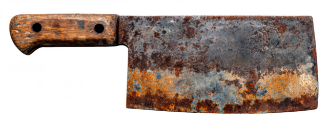 Top-down view of a rusty cleaver with oxidized blade, isolated on transparent background, antique kitchen or battle tool, high resolution