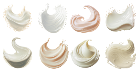 Rich creamy milk splash swirling in artistic shapes isolated on transparent background