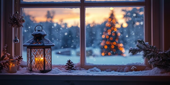View through a romantic decorated window with lantern and candlelight to a romantically lit Christmas tree in the snow - Powered by Adobe