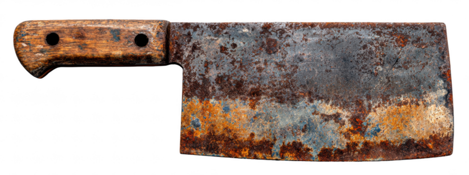 Top-down view of a rusty cleaver with oxidized blade, isolated on transparent background, antique kitchen or battle tool, high resolution