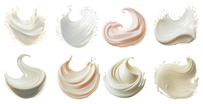 Rich creamy milk splash swirling in artistic shapes isolated on transparent background
