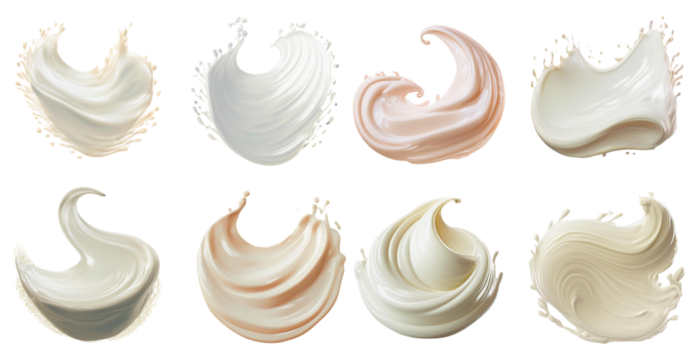 Rich creamy milk splash swirling in artistic shapes isolated on transparent background