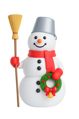 Cartoon snowman with red scarf holding wreath and broom cutout transparent png