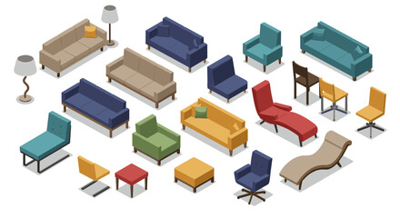 Fototapeta premium Isometric set of modern furniture: sofas, chairs, and tables in various colors