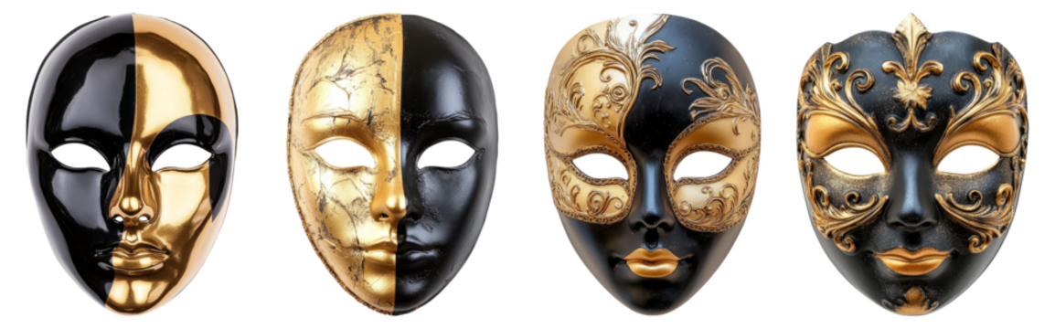 Elegant Decorative Masks in Black and Gold Designs for Events, Isolated on Transparent Background