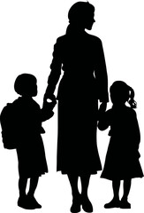 woman standing and holding two child hand