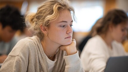 Young woman sitting in a classroom with her chin resting on her hand. she appears to be deep in thought or contemplation.
