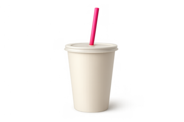 White disposable paper cup with a plastic lid and bright pink straw, ready for a cold drink, isolated on transparent background