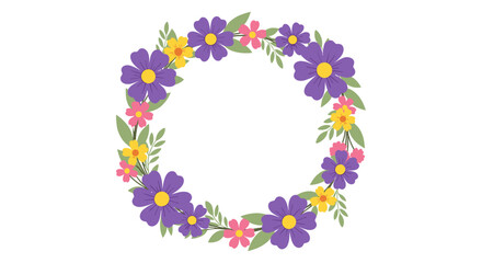 A circular wreath of purple, pink, and yellow flowers with green leaves on a white background.