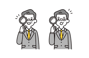 ルーペを持って調べる、スーツを着た中高年の男性のシンプルな上半身ベクターイラスト素材