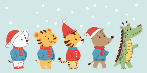 Festive Christmas animal characters in winter clothes and santa hats. Great for holiday cards, kids posters, stickers and seasonal projects. Vector EPS.