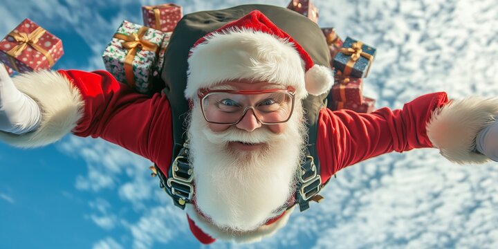 Santa Claus as a skydiver jumps to earth with a parachute and many gifts on his back