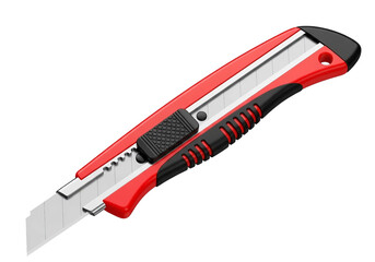 Obraz premium Red and black utility knife with retractable blade isolated on transparent background