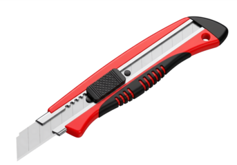 Red and black utility knife with retractable blade isolated on transparent background