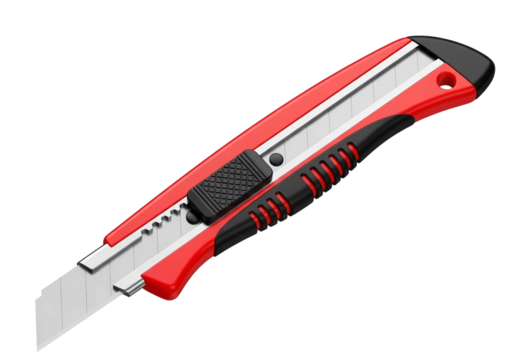 Red and black utility knife with retractable blade isolated on transparent background