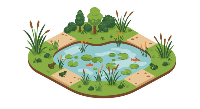 Serene garden with pond and lilypads in isometric style