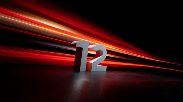 Bright 3D Number Twelve with Dynamic Light Trails in Black Background for Creative Design and Visual Projects