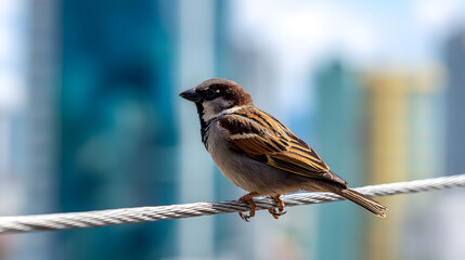 Close-Up of a Sparrows Perched on a Wire Against a City Backdrop Showcasing Vibrant Urban Architecture and Tall Buildings Under a Clear Sky