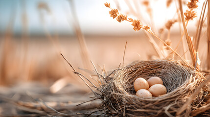 A Stunning Close-Up of a Nest with Eggs Surrounded by Golden Dry Grass and Blossoms, Capturing the Essence of Nature's Beauty and New Beginnings in a Tranquil Setting