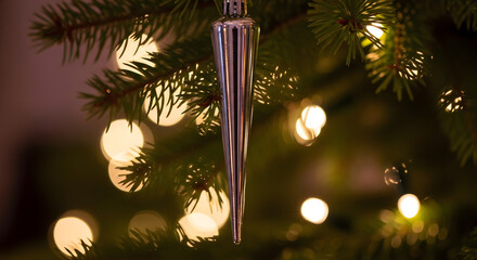 Close-up of a Christmas tree with an icicle ornament and bokeh lights.