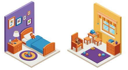 Obraz premium Cozy children's bedroom and playroom in isometric style with furniture and toys