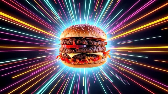 Fast food triple cheeseburger flying hyperspace light speed.