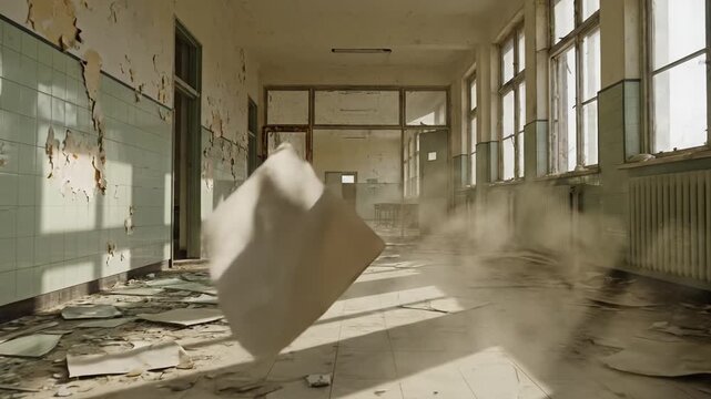 Floating debris in abandoned school with dust and peeling paint  