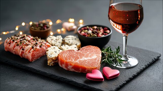 A romantic Valentine's Day dinner spread featuring raw meat cuts, cheese, wine, and decorative hearts.