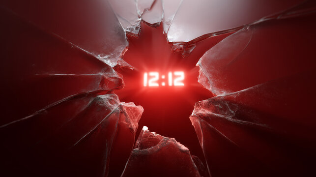 Broken Glass Background with Bright Digital Clock Displaying Time 12:12 in Red Color, Creative Concept for Time and Technology Themes - Powered by Adobe