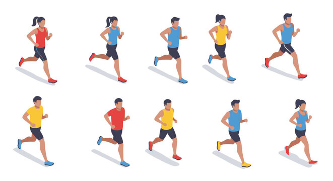 Dynamic isometric runners in motion highlight active lifestyles and diverse attire