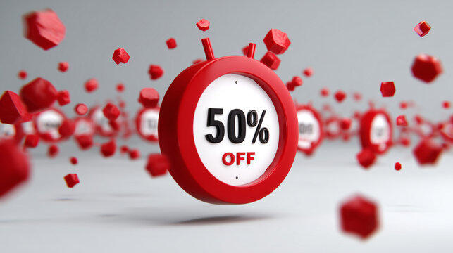 Red alarm clock with a bold 50 percent off discount surrounded by floating geometric shapes, promoting savings and urgency in shopping