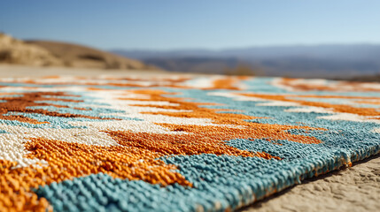 Fototapeta premium Vibrant Outdoor Rug with Geometric Design, Desert Backdrop and sunny aesthetic