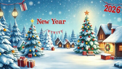 A snowy landscape with a christmas tree and presents in the snow