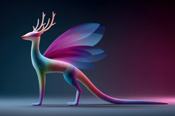 Obraz premium Fantastical fox dragon illustration with vibrant colors and intricate details, showcasing a unique alebrije-inspired creature in a magical setting