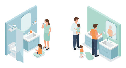 Fototapeta premium Family morning routine in isometric bathroom with kids and parents