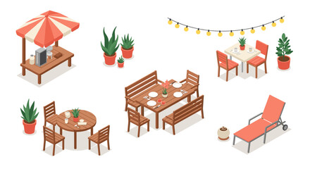 Cozy outdoor cafe setup with isometric garden furniture for relaxing atmosphere
