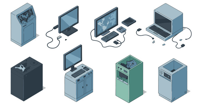 Retro isometric technology collection featuring classic video game console and computing devices - Powered by Adobe