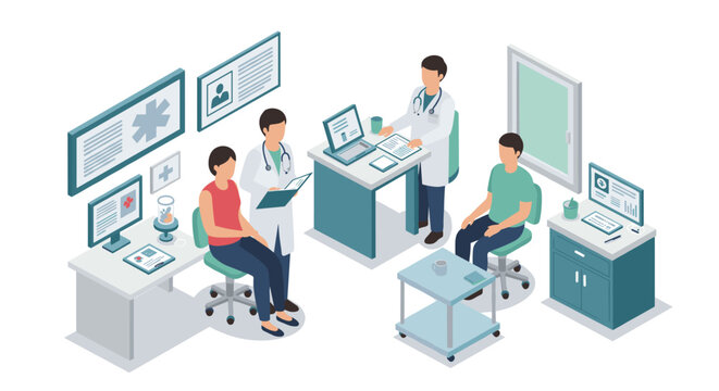 Modern isometric medical office scene with doctors and patients in consultation