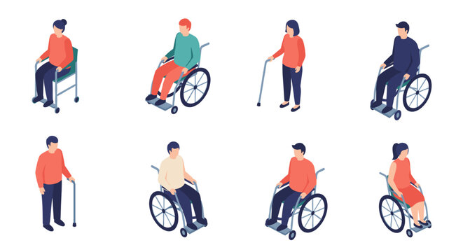 Diverse people with disabilities: modern isometric design, wheelchair and walking aid users