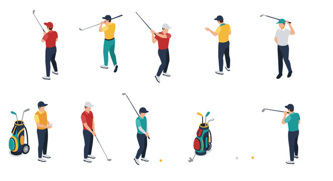 Isometric golf players in action: diverse poses and equipment collection