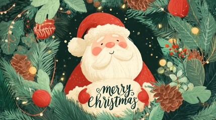Whimsical santa claus with merry christmas message surrounded by festive evergreen branches and ornaments