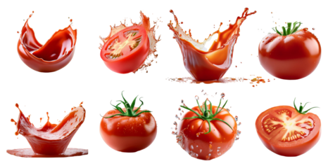 Juicy tomatoes with splashing effects isolated on transparent background