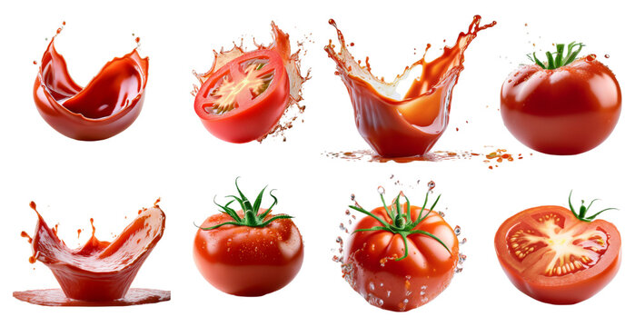 Juicy tomatoes with splashing effects isolated on transparent background