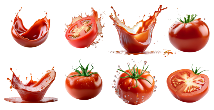 Juicy tomatoes with splashing effects isolated on transparent background