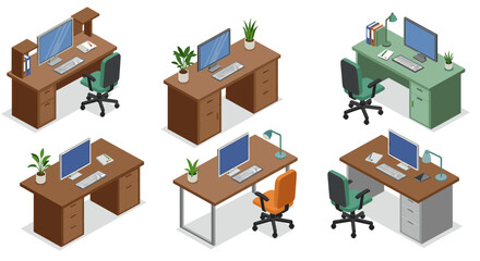 Isometric office desk arrangements with plants and computers for modern workspace inspiration