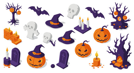Naklejka premium Spooky halloween set with isometric pumpkins and ghostly elements