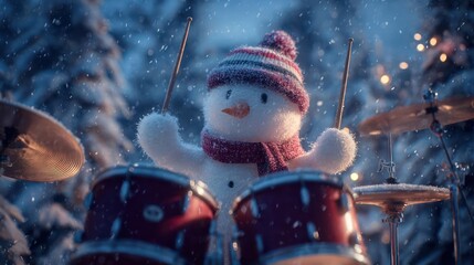 Charming snowman musician wearing a hat and scarf playing drums in a snowy winter forest