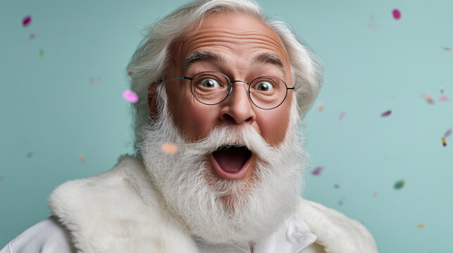 Joyful elderly man with white beard and glasses celebrating with confetti in a festive atmosphere, exuding happiness and surprise on a colorful background