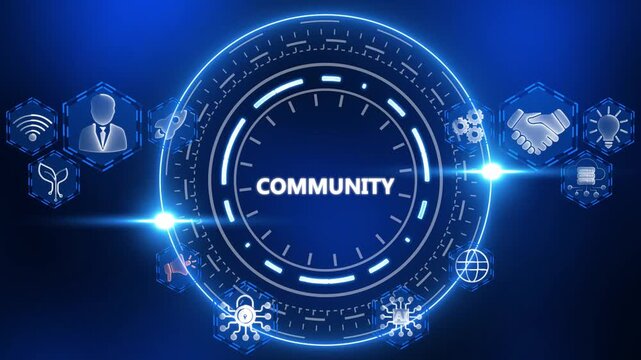 Digital community concept with interconnected icons and central word COMUNITY Keywords: community, connection, network, people, collaboration, communication, business, technology, social